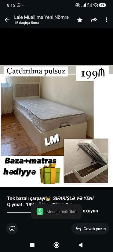 tek kravat: *Tək bazalı çarpayı*👑 _*SİFARİŞLƏ VƏ YENİ*_ *Qiymət : 199₼* Ölçü  — 4