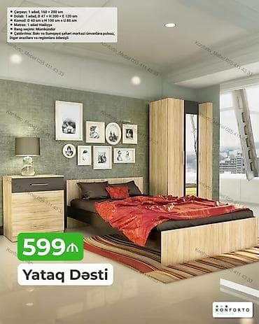 komodlar: Yataq Dəsti – 599 ₼ Tərkibi və ölçülər: - Çarpayı: 1 ədəd, 160 × 200 — 1