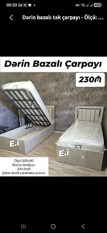 Dərin bazalı tək çarpayı - Ölçü: 200 x 90 sm - Dərin bazalı, yuxarı