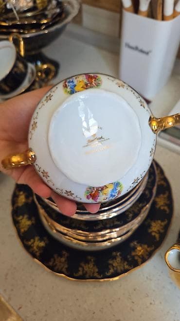 cay: Çay dəsti, rəng - Göy, Farfor, 6 nəfərlik, Çexiya — 5