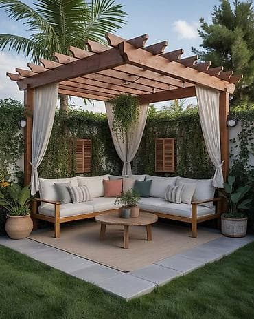 Bağ çətirləri: Bağ üçün taxta pergola – pərdəli istirahət guşəsi - Material — 3