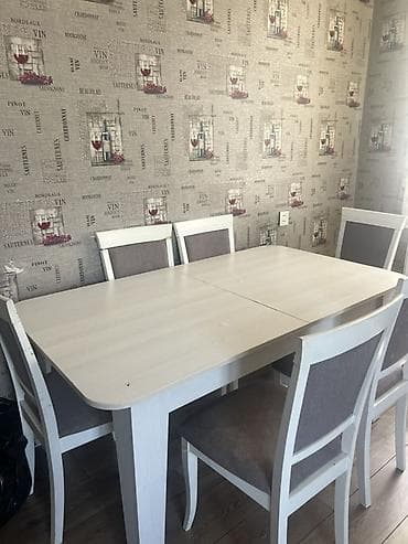 balkon stul: Açıq rəngli yemək otağı dəsti - Dəst: 1 masa + 6 stul masa acilir — 1