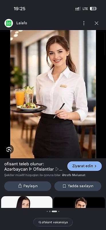 evde derzi isi: Ofisiant tələb olunur, Pivə barı, Gündəlik ödəniş, 18-29 yaş, 1 ildən az təcrübə — 1