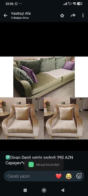 divan satisi: ✅Divan Desti satılır sadedi 390 AZN
Capayev*afa2835 — 1