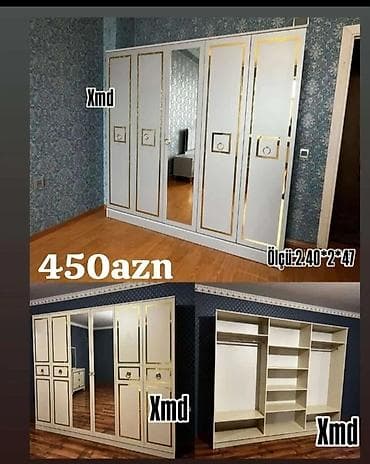 Yeni, 6 qapı, Güzgülü, Digər rəng, Digər material, Açılan, Düz dolab