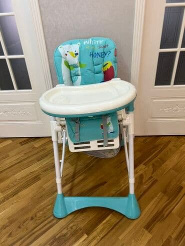Oyuncaqlar: Uşaq yemək stulu – açıq mavi/ağ rəng, ayıcığlı naxış. Xüsusiyyətlər — 2