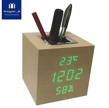 Ofis üçün zamani ve otaq temperaturunu göstərən qələm qabi