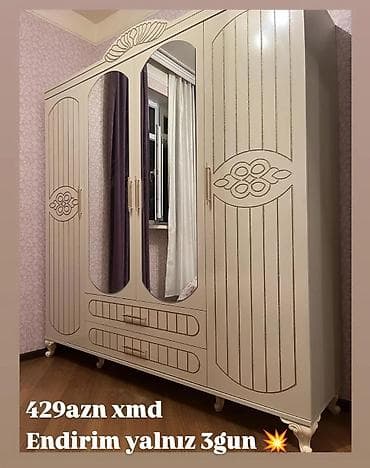 skafi: Klassik üslubda 4 qapılı paltar şkafı - Rəng: krem - Ön hissədə iki — 1