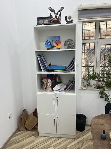Ağ rəngli ofis rəfi və şkaf kombinasiyası - Material: laminat/MDF