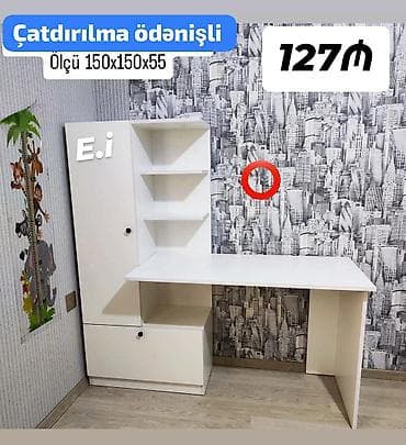 perde ikinci el: Ağ rəngdə çoxfunksiyalı iş/oxu masası və rəfli şkaf dəsti. Ölçü: 150 — 1