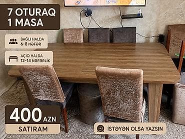 taxta komod: Yemək otağı dəsti – 1 açılıb-bağlanan masa + 7 ədəd oturacaq - Masa — 1