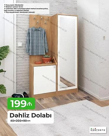 skafi: Dəhliz Dolabı – 40×200×90 sm - Material: 18 mm laminat - Rəng seçimi — 1