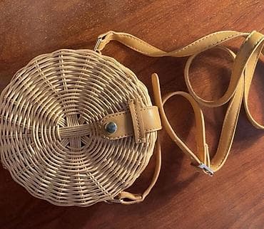 bel cantası: Dairəvi rattan çiyin çantası - Material: təbii rəttan toxuma, dəri — 1