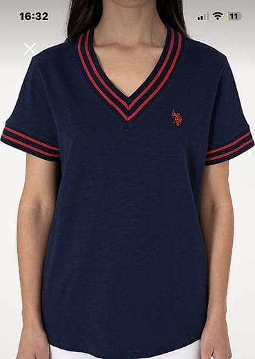 dsq şalvar: Qadın Polo T‑shirt Yeni - Rəng: tünd göy - Dizayn: V‑formalı yaxa — 2