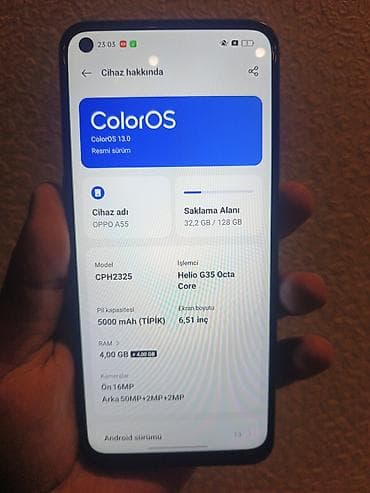 philips xenium e570: Oppo A55 5G, 128 GB, rəng - Mavi, Barmaq izi — 5