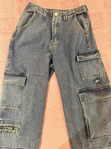 Kişi geyimləri: Geniş kəsimli denim kargo şalvar - Material: klassik mavi denim (cəmi — 2