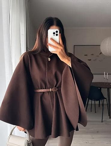 Qadınlar üçün zərif qəhvəyi ponço-kurtka - Model: qısa kəsimli, geniş