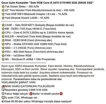 dinamik temiri: Oyun üçün Kompüter "Sate RGB Core i5 3470 GTX1050 2GB 256GB SSD” ⭐Tək — 2