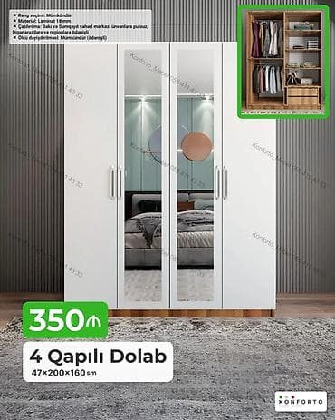 4 qapılı geyim dolabı – 47×200×160 sm - Material: 18 mm laminat - — 1