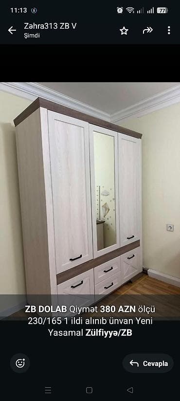 *ZB* *DOLAB* Qiymət *380 AZN* ölçü 230/165 1 ildi alınıb ünvan Yeni