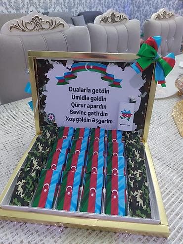 Vətənpərvərlik temalı şokolad qutusu - Qızılı çərçivəli, lentlə