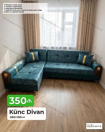 Диваны: Künc divan – 260×160 sm - Mexanizm: Açılan, bazalı (yataq funksiyalı — 1