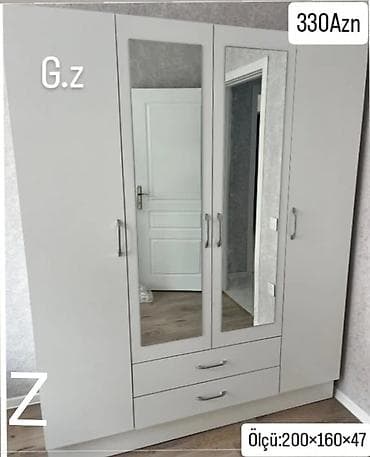 Yeni, 4 qapılı, Güzgülü, Ağ, Digər material, Açılan, Düz dolab
