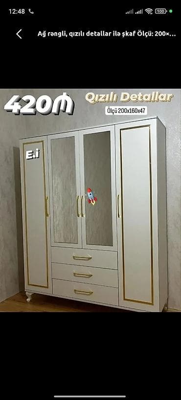 bellona nə deməkdir: Ağ rəngli, qızılı detallar ilə şkaf Qiymət: 420₼ Ölçü: 200×160×47 sm — 1