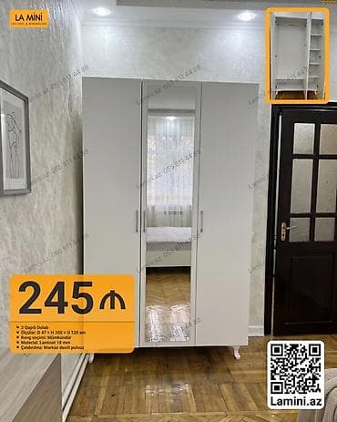 Мебель: Üç qapılı paltar dolabı - Dizayn: Ağımtıl rəngdə, orta qapıda tam boy — 1