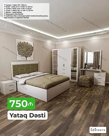 komodlar: Yataq Dəsti – 750₼ Komplektin tərkibi və ölçülər: - Çarpayı: 1 ədəd — 1