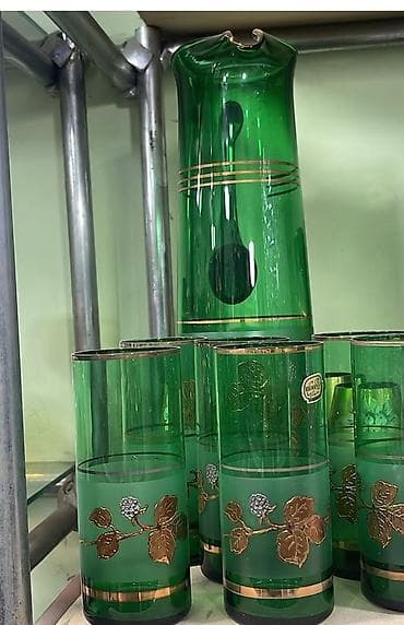 icki: Yaşıl şüşə qrafin və stəkan dəsti - Material: qalın, parlaq yaşıl — 1