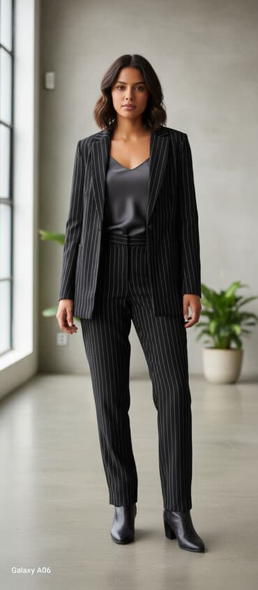 klassik kostyumlar: Qadın geyim dəsti 1) Zolaqlı kostyum - Rəng: qara üzərində ağ incə — 1