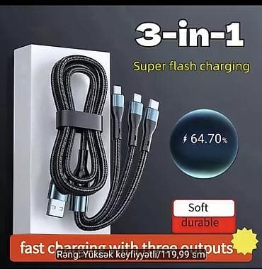 3-ü 1-də sürətli şarj kabeli - Giriş: USB-A - Çıxışlar: Lightning — 2