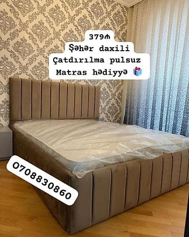 Yumşaq üzlüklü iki nəfərlik çarpayı dəsti. Model yüksək başlıq və ön