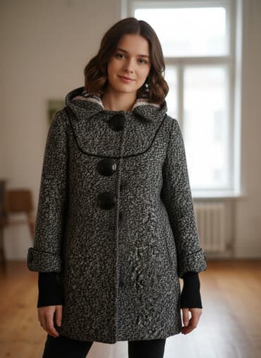 panda sekilleri: Qız uşaqları üçün qış palto - Rəng: boz-qara melanj - Model — 1