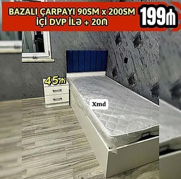 matraslar: Bazalı tək çarpayı – ölçü: 90 sm x 200 sm. Başlıq hissəsi mavi rəngli — 1