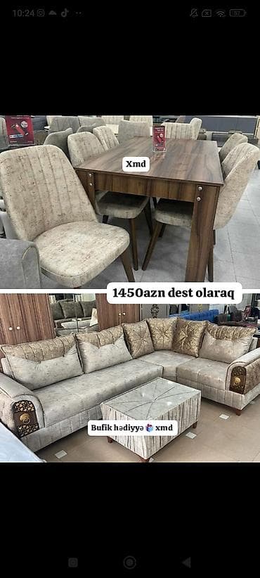 Ev üçün mebel: Mebel dəsti - Yemək masası və 6 ədəd stul: taxta rəngində, möhkəm — 1