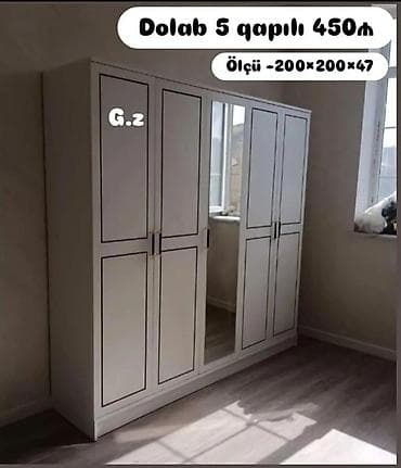 Yeni, 5 qapı, Güzgülü, Ağ, Digər material, Açılan, Düz dolab
