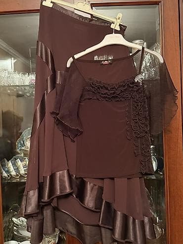 Qadın geyim dəsti və paltarlar 1) Qəhvəyi şifon 2 hissəli dəst -