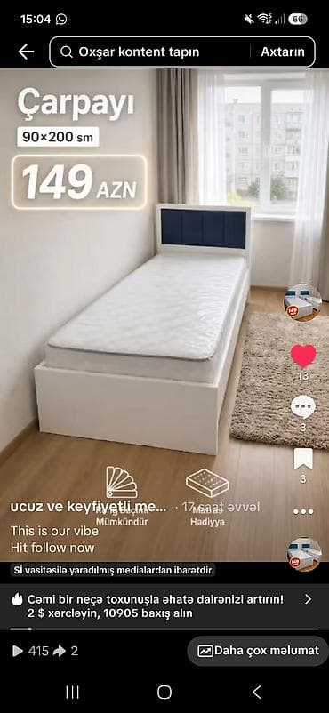 murad mebel: Çarpayı – 90×200 sm - Ölçü: 90×200 sm, tək nəfərlik - Rəng və dizayn — 1