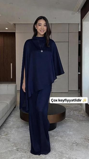 is geyimi: Qadın dəst – asimmetrik pelerinli bluz + geniş şalvar - Dizayn — 3