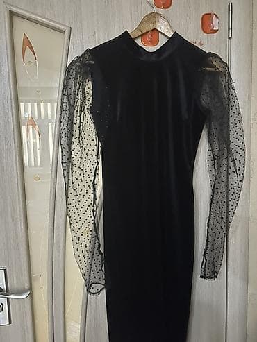 böyük bədən paltarlar: Qara məxmər don – şifon qol detallı - Model: dizdən aşağı uzunluqda — 2