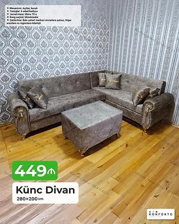 Künc Divan – 280×200 sm - Mexanizm: Açılan, bazalı (yataq funksiyası