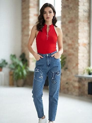Qadın şalvar kolleksiyası - Model 1: Mavi “mom fit” cins şalvar