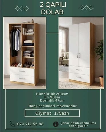 ayaqqabı dolabı tap az: 2 qapılı geyim dolabı - Ölçülər: hündürlük 200 sm, en 90 sm, dərinlik — 3