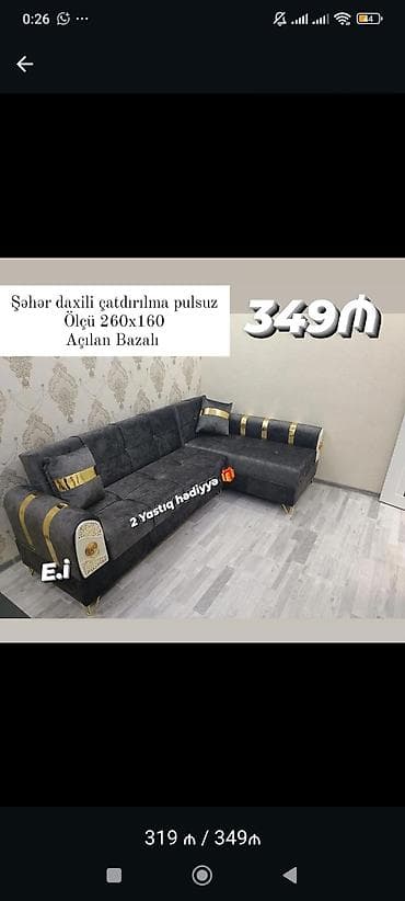 oturaca: Künc divan – açılan bazalı model - Ölçü: 260 x 160 sm - Şəhər daxili — 1
