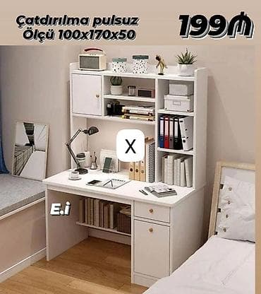 kitab refi: Ağ rəngli funksional yazı masası və üst rəfli modul - Ölçü — 1