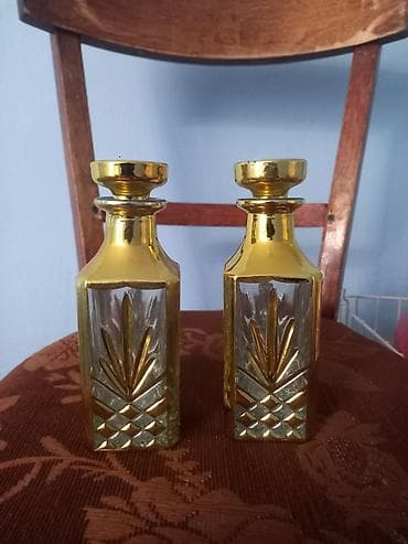 qab qaşıq: Qızılı naxışlı şüşə butulka dəsti (2 ədəd) - Material: qalın, şəffaf — 1