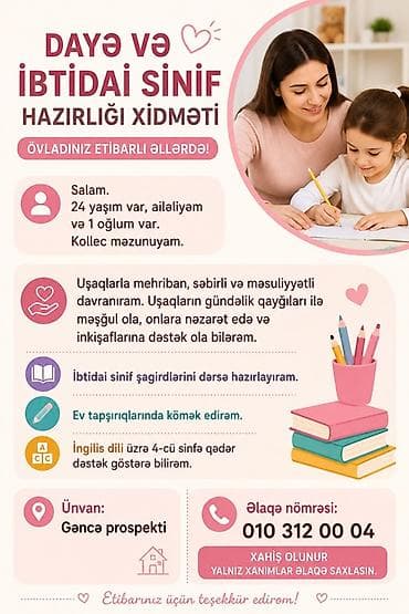 📌 Dayə və ibtidai sinif hazırlığı xidməti(öz evimdə) Salam. 24 yaşım at lalafo.az 📌 Dayə və ibtidai sinif hazırlığı xidməti(öz evimdə) Salam. 24 yaşım
