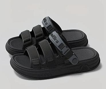 bağlı sandallar: Unisex tərzli rahat sandal - Rəng: qara (boz detallı). - Üçlü ön — 2